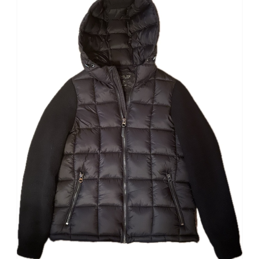 NWT Rachel Zoe Puffer Coat Womens S Black Knit Arms & Pockets hooded Full Zip